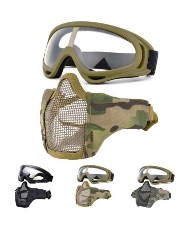 Fansport Airsoft Mask Tactical Goggles Set, Lower Half Face Mesh Masks Foldable Steel mesh mask Airsoft Protective Mask with Goggles Set for Hunting, Shooting, Paintball Yellow