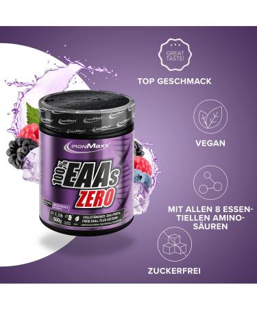 Ironmaxx 100% EAAS Zero - Wildberry 500g | Vegan EAA Powder Sugar-Free All Essential Amino Acids Fruity Taste No Preservatives - Buy Online on GoSupps.com