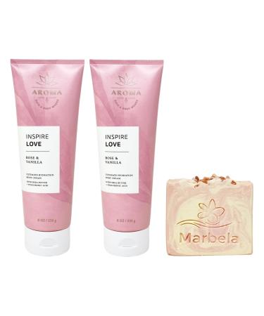 Bath & Body Works Aroma Inspire Love ROSE + VANILLA 2 Pack Body Cream Set with a Himalayan Salts Springs Bar Soap - Full Size