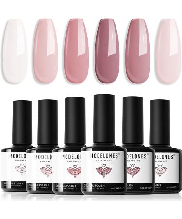 Modelones Gel Nail Polish - 6 Colors Nude Pink Gel Polish Kit White Pastel Light Pink Nail Polish Gel Barely Pink Soak Off U V Gel Nail Starter Kit Popular Nail Art DIY Salon Home Manicure Gifts