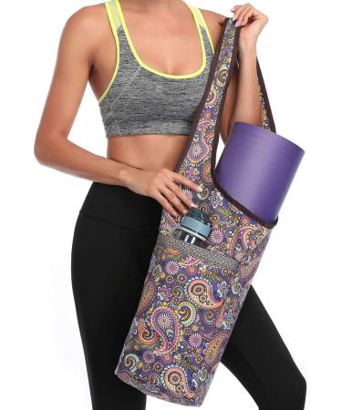 Soogus Purple Flower Pattern Yoga Mat Bag with Zipper Pocket - Large Sling Tote for Mat and Blocks - Pilates Bag - Fits Most Size Mats - Buy Online on GoSupps.com
