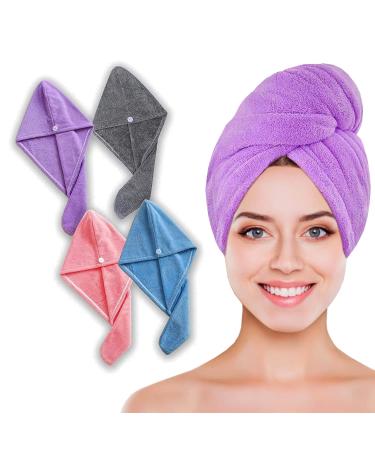 Cash & Cart Microfiber Hair Towel Wrap for Women Wet Hair 4 Pack Ultra Soft and Quick Drying Hair Turbans with Button Closure Super Absorbent Head Towel Suitable for All Hair Types