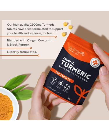 Nutravita Turmeric Tablets 2500mg with Curcumin, Ginger & Black Pepper - 180 Vegan Tablets - Made in UK - High Strength Dietary Supplement - Buy Online on GoSupps.com