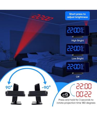 TAKRINK Alarm Clock Digital Radio Alarm Clock with 4 Levels Screen Brightness Projection Alarm Clock with Temperature Alarm Clock with Projection Dual Alarm Type-C Charger 180° Projector Projection - Buy Online on GoSupps.com
