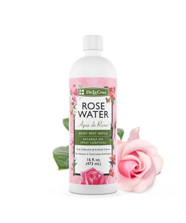 De La Cruz Rose Water Body Mist Refill- Rosewater Spray for Face Skin and Hair 16 fl oz (1 Bottle) 16 Fl Oz (Pack of 1)