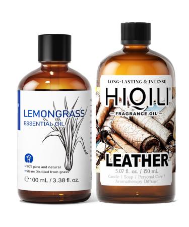 HIQILI 100ML Lemongrass Essential Oil & 150ML Leather Fragrance Oil for DIY Diffuser