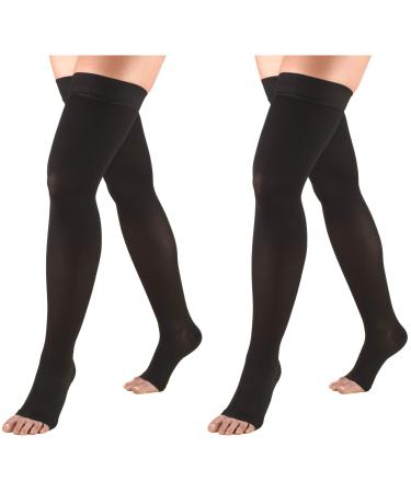 Truform Compression 30-40 Mmhg Thigh High Open Toe Dot Top Stockings Black Large 2 Count