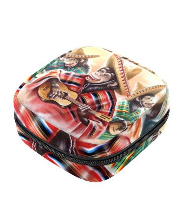 Menstruation pad bag with zipper women's napkin bag tampons collection bags for women and girls (funny Mexican monkey dress playing guitar)
