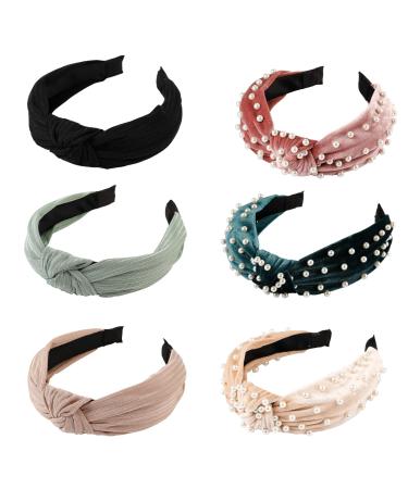 LOVNFC Womens Headbands, 6Pcs Knotted Head Bands No Slip Fashion for women Girls Wide Top Knot Turban Hair Bands Velvet Hair Hoops Hairband pure color with pearl