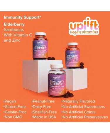 Uplift Vegan Elderberry Gummies with Vitamin C & Zinc - Immune Support for Kids & Adults - Gluten-Free Non GMO - 60ct - Buy Online on GoSupps.com
