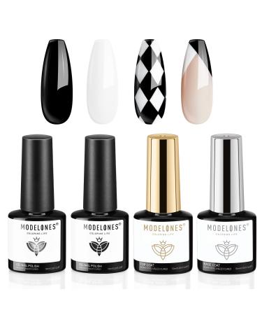 modelones Black and White Gel Nail Polish Kit  2 Colors 10ml Gel Polish with Base & Top Coat Set  No Wipe High Gloss Shine Finish Basic Set for Nail Art Manicure Design