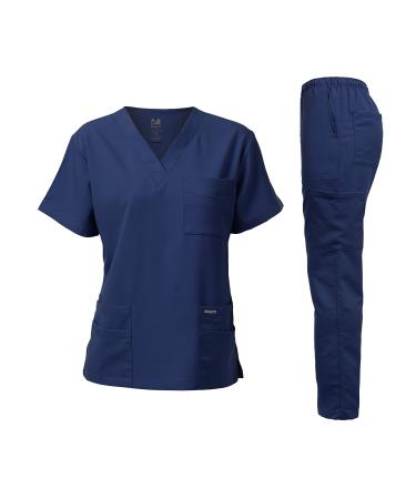 Dagacci Medical Uniform Unisex Women and Men s V-Neck Super Stretch Scrub Set Large Navy