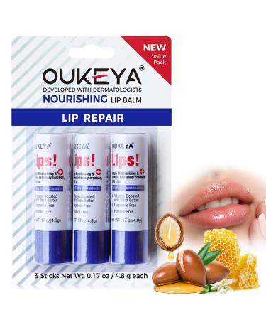 OUKEYA 3PCS Medicated Lip Balm Hydrating w/Petrolatum Shea Butter Beeswax 100% Natural Ingredients Organic Lip Butter Balm & Moisturizers Lip Repair For Dry Cracked Lips Overnight Lip Treatment