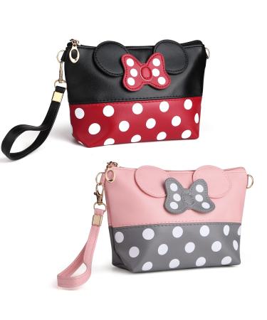 yiwoo 2 Pack Cosmetic Bag Mouse Ears Bag with Zipper,Cartoon Leather Travel Makeup Handbag with Ears and Bow-knot, Cute Portable Cosmetic Bag Toiletry Pouch for Women Teen Girls Kids(Pink&Black) Pink/1+black/1