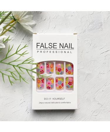 Colorful Daisy Stick On Nails - Short Cute Fake Nails for Women & Girls | Spring/Summer Acrylic Full Cover False Nails with Unique Design | Nail Decoration Set - 24Pcs (Style 4) - Buy Online on GoSupps.com