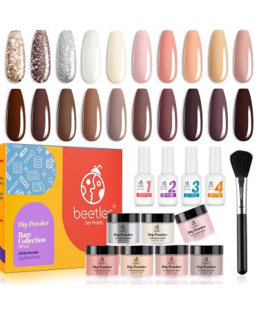 Beetles 20PCS Dip Powder Nail kit, Bare Collection Dip Nails Powder Starter Kit, White Nude Pink Brown Glitters Colors Dipping Powder with Base Top Coat Activator Brush Saver G-Bare Collection 25 Piece Set