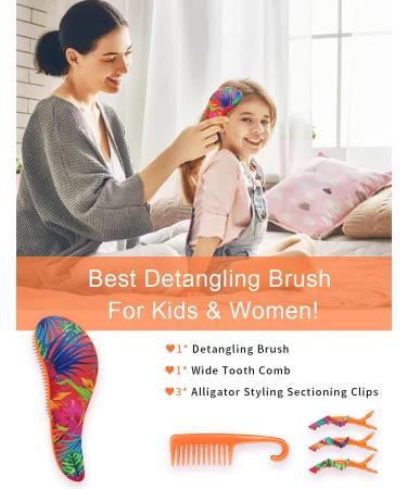 Detangling Hairbrush and Comb Set for All Hair Types - Includes Wide Tooth Comb and 3 Styling Clips - Professional Quality for Women & Kids (Tropica Plants) - Buy Online on GoSupps.com
