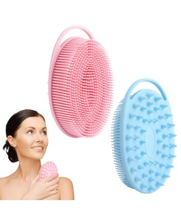 2 Pack Exfoliating Silicone Body Scrubber Soft Silicone Loofah Shower Body Scrubber 2 in 1 Body Exfoliator Scrubber Silicone Body Scrub Brush Scalp Massager Shampoo Brush for All Skin Men Women Kid Pink+Blue