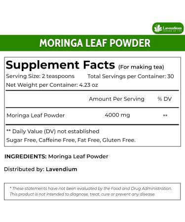 Lavendium Premium 120g (4.23oz) Moringa Leaf Powder 100% Natural and Pure from Moringa Leaves No Additives No Gluten No Sugar Vegan - Buy Online on GoSupps.com
