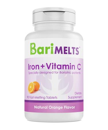 BariMelts Iron with Vitamin C, Dissolvable Bariatric Vitamins for WLS Patients Including Gastric Bypass and Sleeve Gastrectomy, Natural Orange Flavor - 90 Fast Melting Tablets