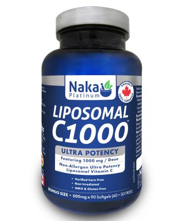 Naka Platinum LIPOSOMAL C1000 featuring 1000 mg/dose Non-Allergen High Potency Liposomal Buffered Vitamin C (90 softgels 500mg/softgel) 90 count (Pack of 1) 500mg/softgel