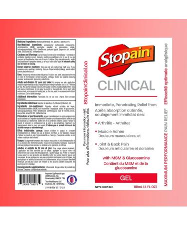Stopain Pain Relief Clinical Gel 4oz 2 Pack Made in USA Maximum Performance Pain Relief with 10% Menthol plus Glucosamine for Muscle Aches Joint Pain and Arthritis - Buy Online on GoSupps.com