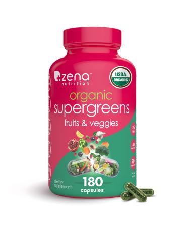 Zena Nutrition Organic Super Greens Fruit & Veggies Supplement 70+ Superfoods from Fruit & Vegetables Spirulina Chlorella Prebiotics & Probiotics Digestive Enzymes for Gut Health 180 Capsules Unflavoured Capsules