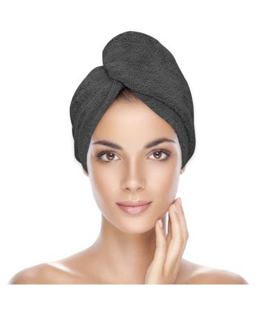 KEEPOZ Zero Twist 100% Cotton Hair Towel Wrap Terrycloth Hair Turban Rapid Drying Towel for Hair with Button Anti Frizz Hair Towel with Elastic Strap Cap for Long & Thick Hair Grey