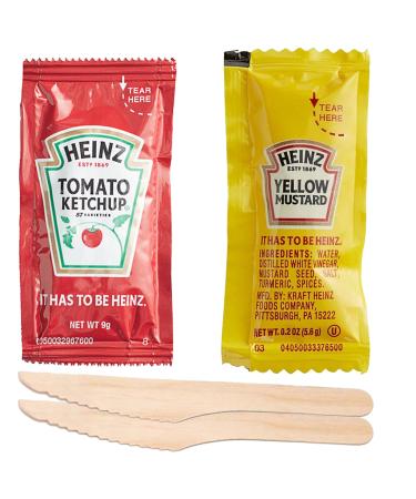 Heinz Ketchup & Mustard Packets (50 of each) (100 Total) Ultimate Condiment Bundle - Ensemble Ultime de Condiments : Sachets de Ketchup & Moutarde Heinz + 2 Wooden Knives and a one of a kind Sticker by PaLiSoL CREATiONS!