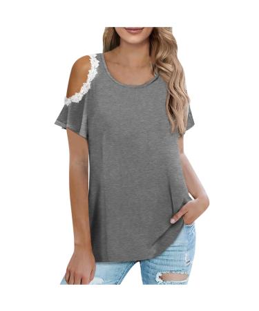Summer Tops for Women Sexy Cold Shoulder Plus Size Tops Casual Solid Round Neck T Shirts Cute Lace Blouses Tops Large Gray