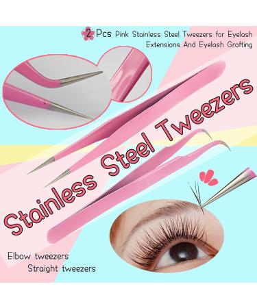 Professional Eyelash Tweezers Set - 2 Pink Stainless Steel Tweezers for Eyelash Extension & Refinement - Curved & Straight Forceps - Buy Online on GoSupps.com