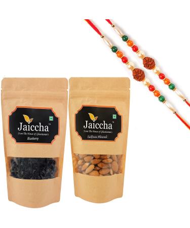Jaiccha Ghasitaram Rakhi Gifts for Brothers Rakhi Dryfruits - Blueberry 100 GMS and Almonds 100 GMS Pouch with 2 Rudraksh Rakhis