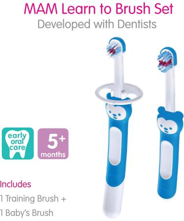 MAM Baby's Brush Set (2 Training Toothbrushes 1 Safety Shield) Baby Toothbrushes with Brushy the Bear Interactive App For Boy 5+ Months Blue - Buy Online on GoSupps.com