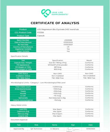 Chelated Magnesium Glycinate Supplements - 2750mg (303mg Mg) | 240 Capsules | Highly Bioavailable | Made in UK | Love Life Supplements - Buy Online on GoSupps.com