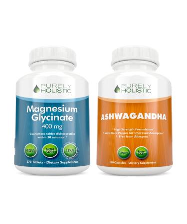 Magnesium Glycinate 400mg + Ashwagandha 1300mg - Vegan Bundle - 270 Tablets & 180 Capsules - Made in USA - Buy Online on GoSupps.com