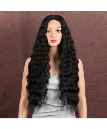 Style icon wig with filer set 71cm Lace Front WIGS Curly Wave black wigs for women middle parting synthetic fiber 130% density 71cm 1b