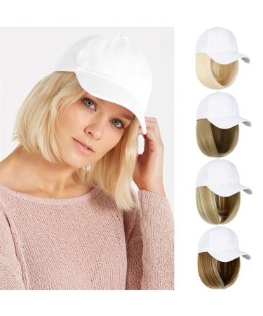 Qlenkay Baseball Hat with Hairs 14inch Straight Short Bob Hairstyle Adjustable Wig Cap Attached Hairpiece for Woman Girl Ginger Brown Mix Bleach Blonde 14'' Straight-Ginger Brown Mix Bleach Blonde