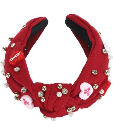 Rhinestone Headband for Women Elegant Jeweled Top Knot Hairband for Valentine Day with Heart Decoration (Dark Red) - Buy Online on GoSupps.com