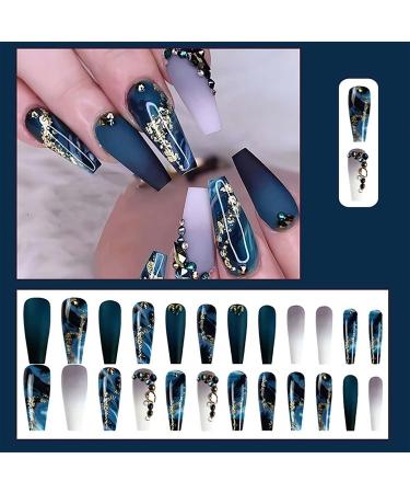 Coffin Press on Nails: Long Navy Blue Rhinestone False Nails with Glue - Full Cover Acrylic Gradient Designs for Women - Buy Online on GoSupps.com