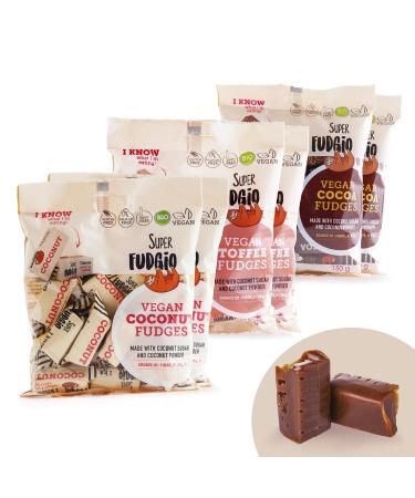 Super Fudgio Bio Bonbons - Top Mix - vegan and gluten -free - Organic caramel candies without palm oil - with organic coconut milk and coconut blossom sugar |6 x 150g multipack |2x cocoa 2x coconut 2x toffee mix: 2x cocoa 2x coconut 2x toffee 1 piece (6 P