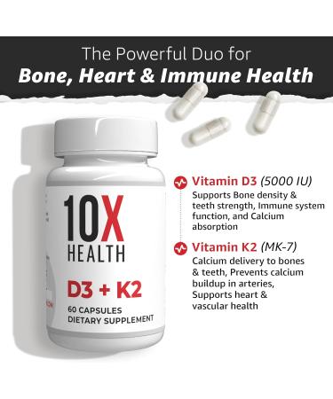 10X Health Vitamin D3 5000 IU & K2 MK7 - Menaquinone 7 High-Potency D3 K2 Vitamin Supplement for Bone Health Heart and Teeth - 125 mcg Vitamin D & 90 mcg Vitamin K2-60 Capsules - Buy Online on GoSupps.com