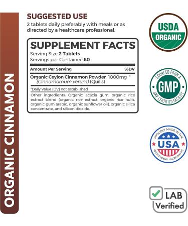 Organic USDA Ceylon Cinnamon Tablets - 1000mg per Serving - Natural Bark Supplement for Support - 120 Count - Buy Online on GoSupps.com