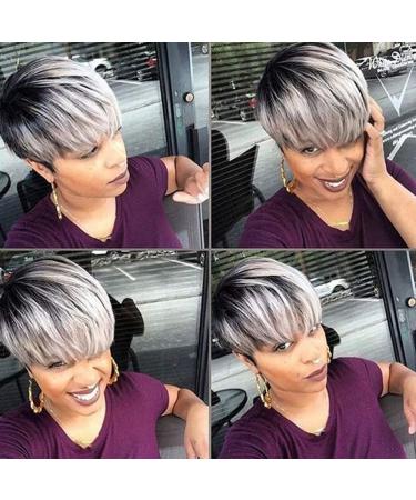 Divine Hair Short Ombre Gray Synthetic Wigs For Black White Women  Black gray with dark roots