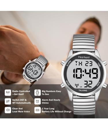 Hearkent Atomic Digital Talking Watch with British English Voice and Big Numbers - Radio-controlled Watch for Elderly or Blind with Elastic Silver Band - Buy Online on GoSupps.com