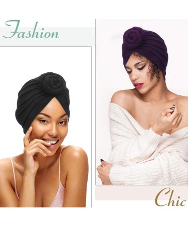 SATINIOR Women African Turban Flower Knot Pre-Tied Bonnet Beanie Cap Headwrap Set - 6 Pieces (Black, Royal-blue, Gray, Camel, Purple, Green) - Buy Online on GoSupps.com
