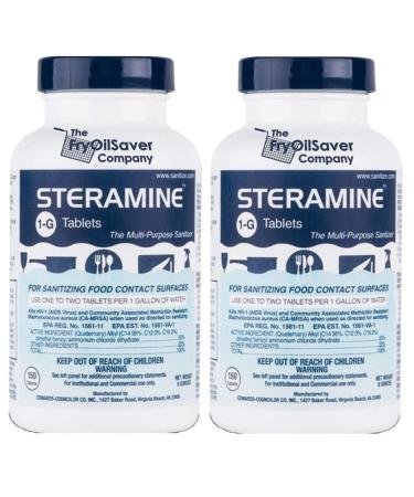 2 x Steramine Bottles of Sanitizing Tablets For Sanitizing Food Contact Surfaces - Kills E-Coli, HIV, Listeria, 1-G, 150 Sanitizer Tablets per Bottle, Blue, Pack of 2 Bottles