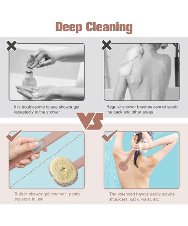 Long handled bath massage brush with soap dispenser - Pink exfoliating scrub brush for men and women - Buy Online on GoSupps.com