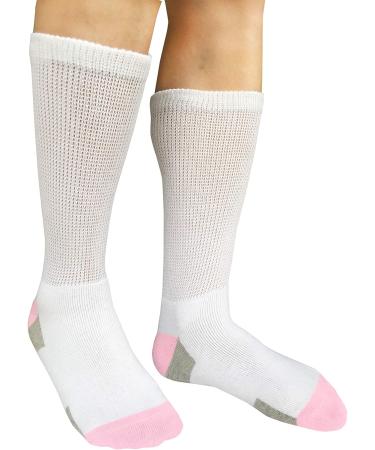 Women's Non-Binding Diabetic Socks - Wide Top, Loose Fitting, 4 Pairs White/Pink - Ideal for Diabetes, Edema, Medical, Hospital, Thick Ankle, Crew, Casual Dress Sox - Buy Online on GoSupps.com