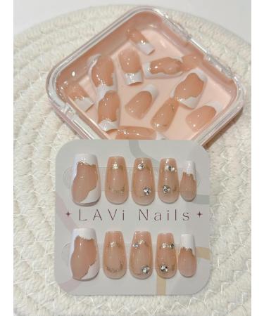 Medium Squoval Nude Base with Glitter Rhinestones Fake Press On Nail Set - Buy Online on GoSupps.com