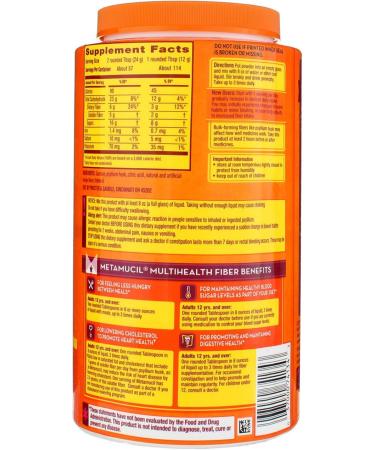 Metamucil Psyllium Fiber Supplement Orange Sugar Smooth Texture Powder 114 Doses 114DOS (Pack of 6) 3.01 Pound (Pack of 6) - Buy Online on GoSupps.com